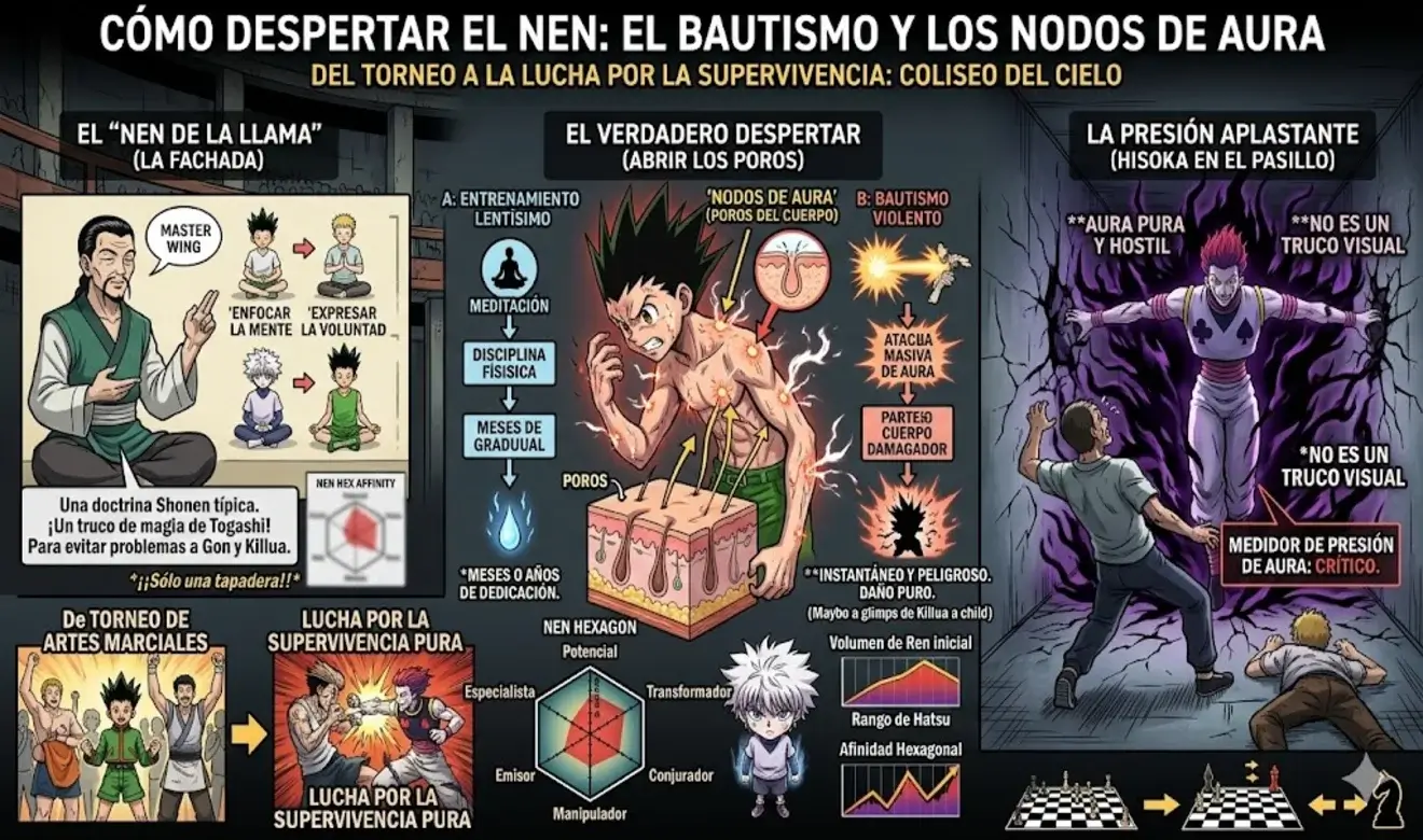 Infografía de Hunter x Hunter que explica cómo despertar el Nen, el bautismo de aura, los nodos de aura y la transición del torneo del Cielo a la lucha por la supervivencia.