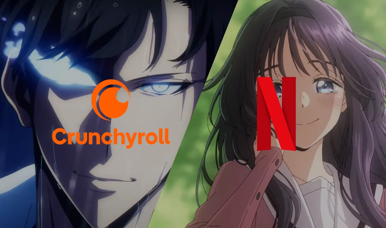 Personaje de anime con el logo de Crunchyroll y Netflix superpuesto