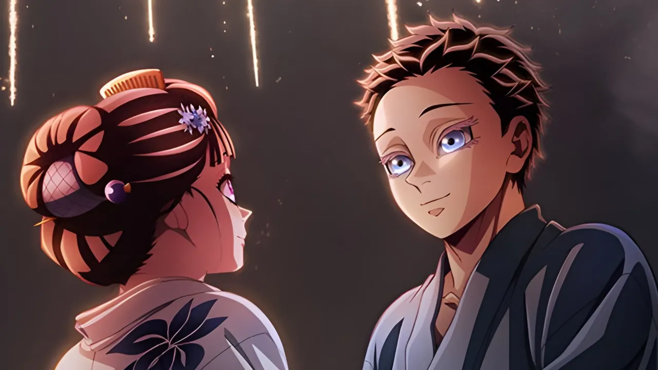 Akaza en un recuerdo junto a su esposa bajo fuegos artificiales en Demon Slayer: escena emotiva del pasado del personaje