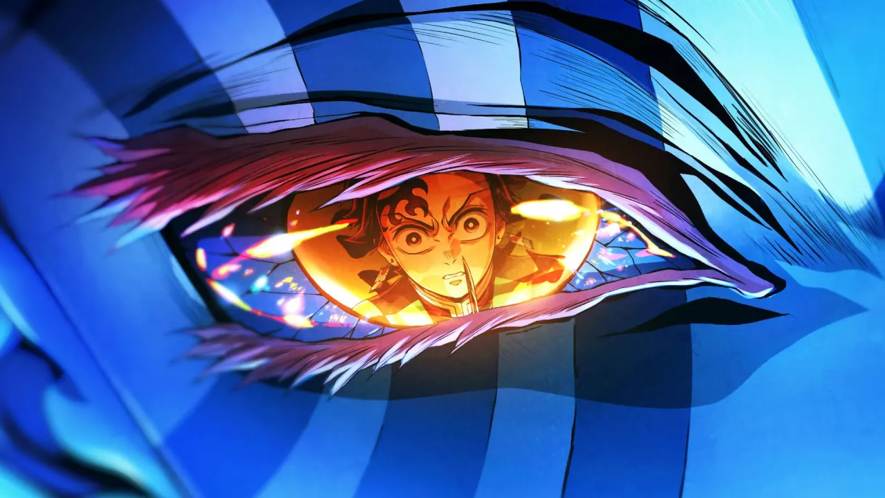 Ojo de Akaza en Demon Slayer: Infinity Castle I reflejando una escena de batalla con efectos de fuego y animación intensa