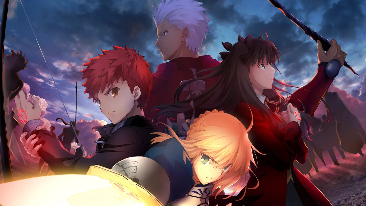 Shirou Emiya, Archer y Rin Tohsaka en el arte promocional de Fate/stay night Unlimited Blade Works