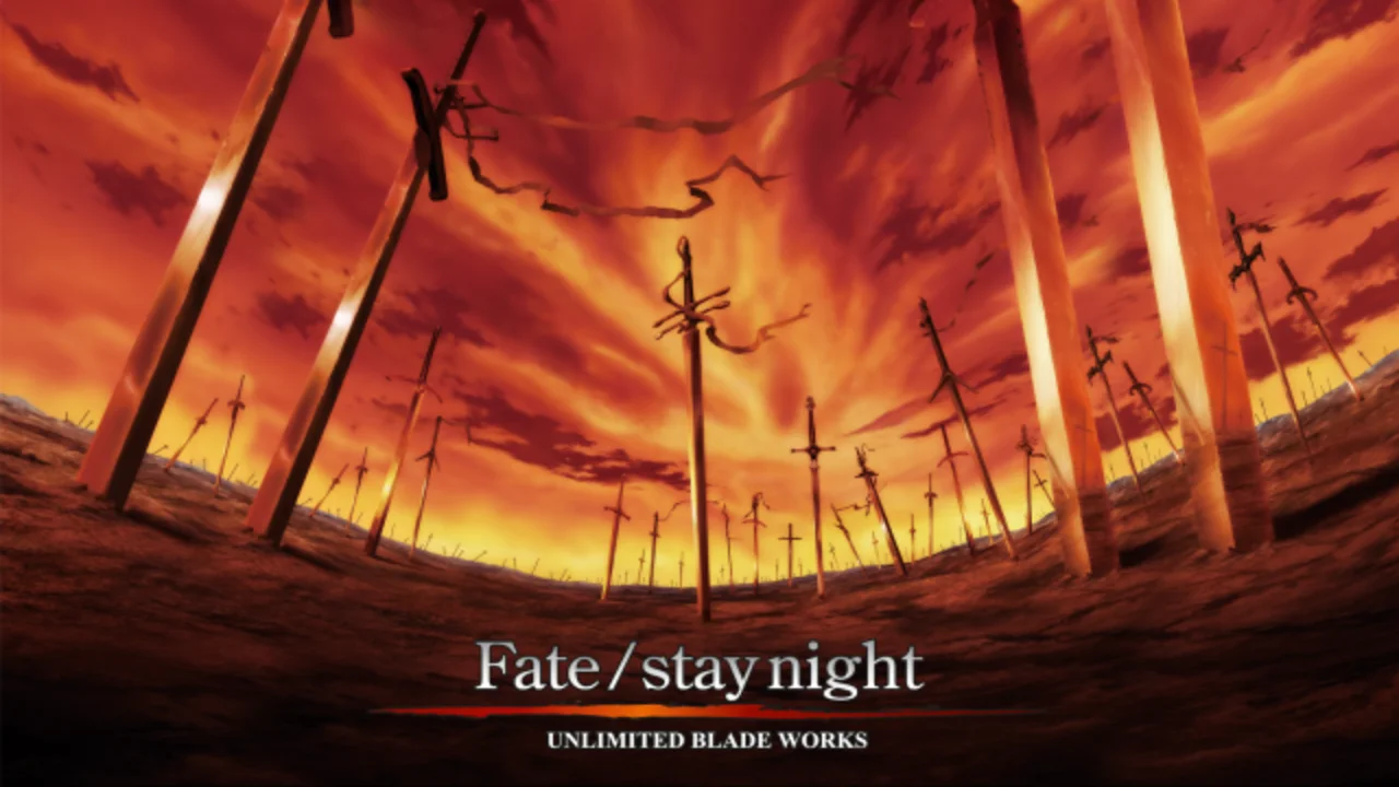 Paisaje del Reality Marble Unlimited Blade Works con espadas clavadas bajo un cielo en llamas en Fate/stay night