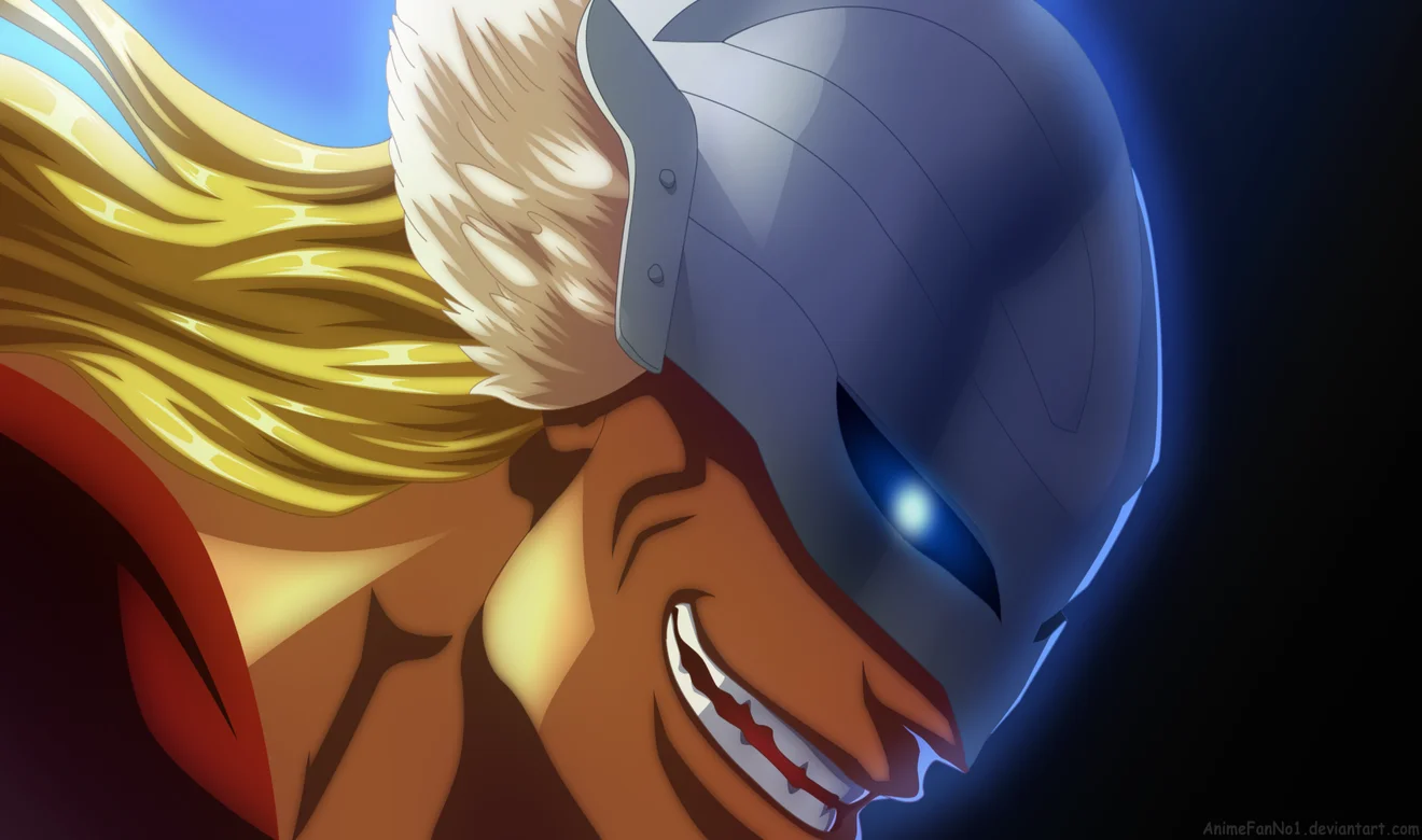 Gerard Valkyrie en Bleach con su casco y sonrisa arrogante, representando el corazón del Rey Espíritu