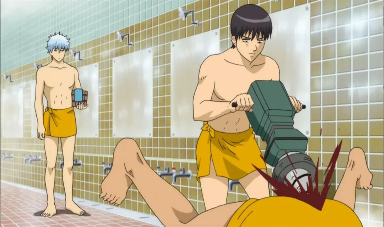 Personajes de Gintama mezclados con otros animes cómicos, escena caótica y paródica