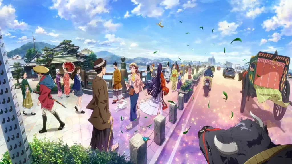 Escena de anime ambientada en el Puente de Uji con personajes históricos y modernos en la ciudad de Kioto