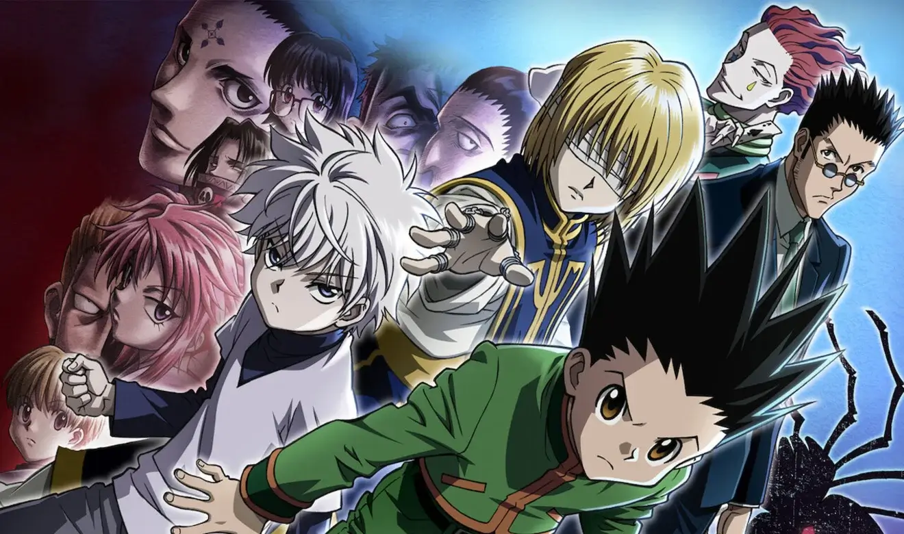 Ilustración del anime Hunter x Hunter con el elenco principal de personajes preparados para combatir usando Nen.