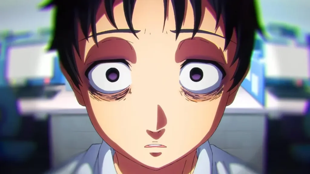 Joven oficinista de anime con ojeras y mirada vacía, reflejando burnout y agotamiento laboral