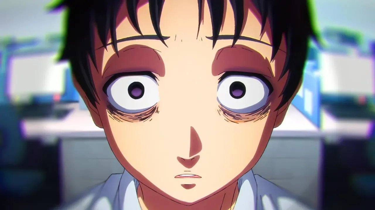Joven oficinista de anime con ojeras y mirada vacía, reflejando burnout y agotamiento laboral