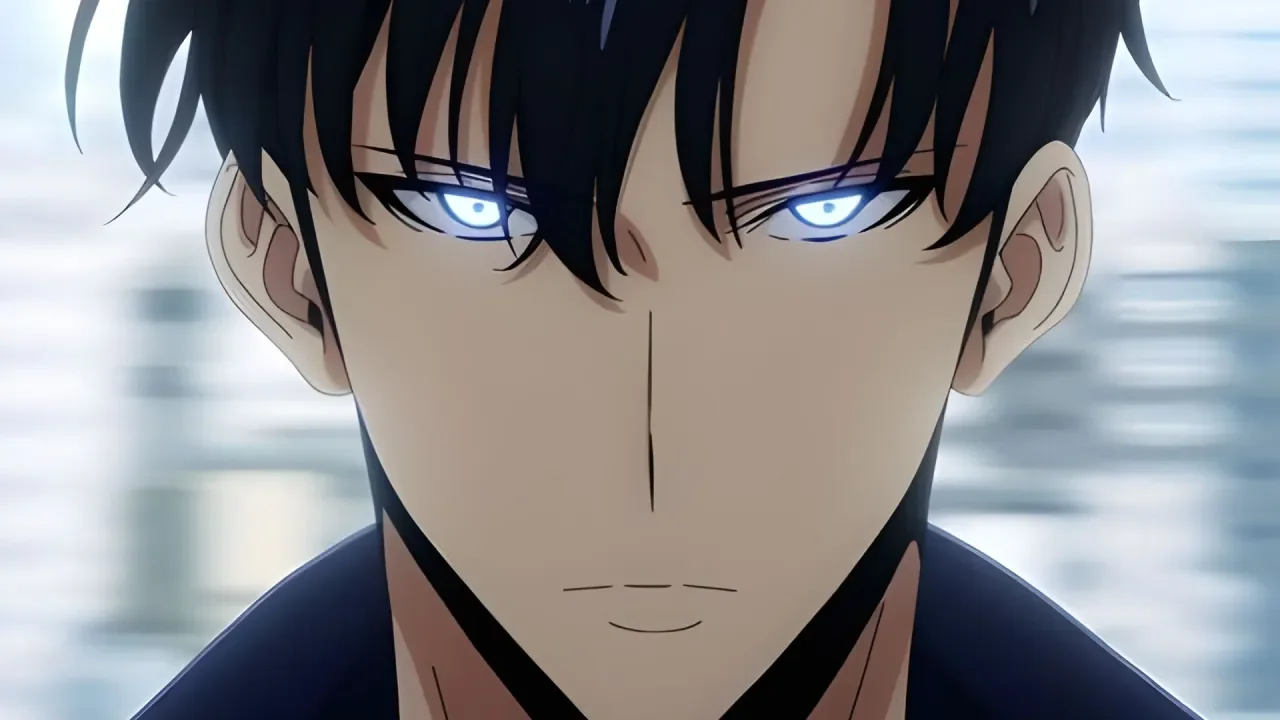 Primer plano de Sung Jinwoo en Solo Leveling Temporada 2 con ojos azules brillantes en actitud intimidante