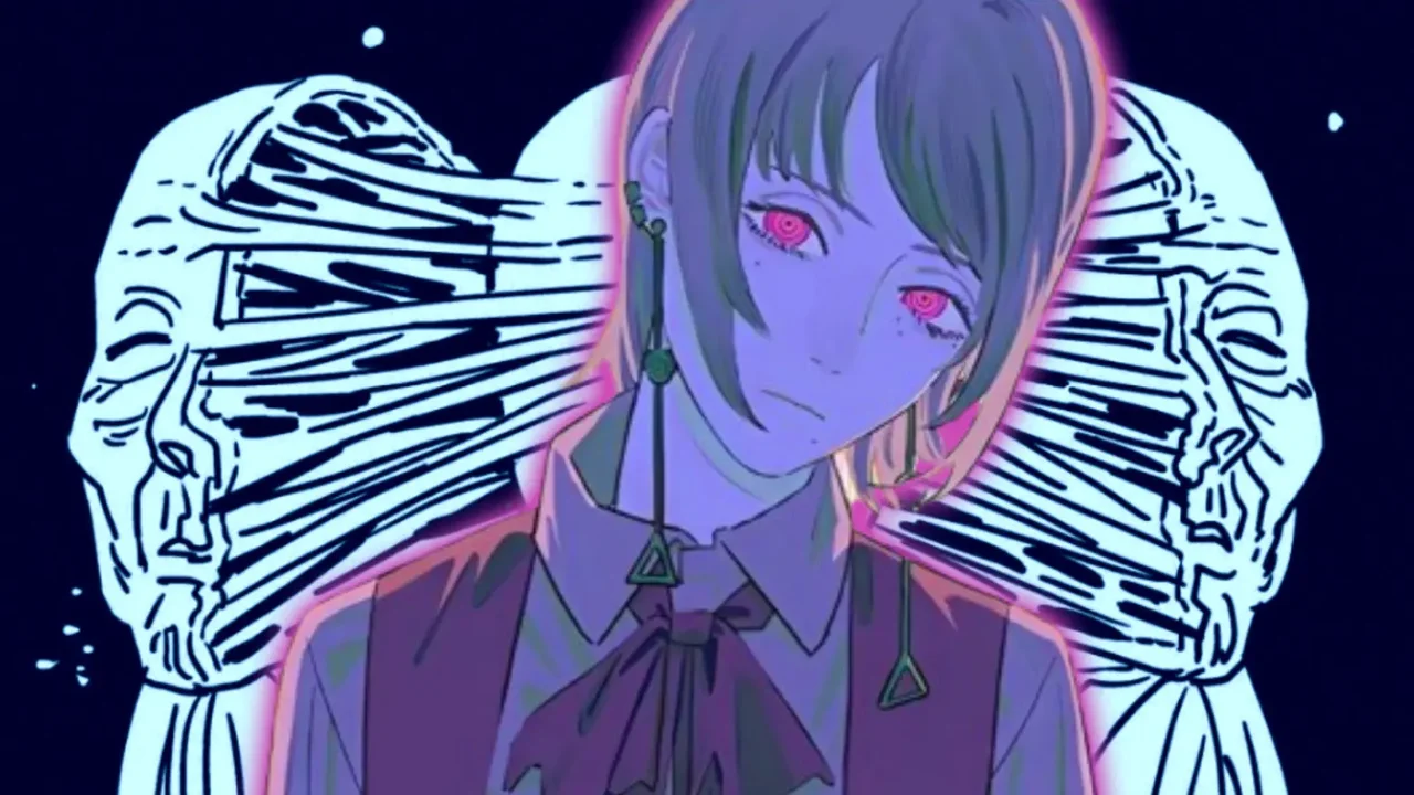 Kiga, el Demonio del Hambre, con ojos rosados espirales en Chainsaw Man