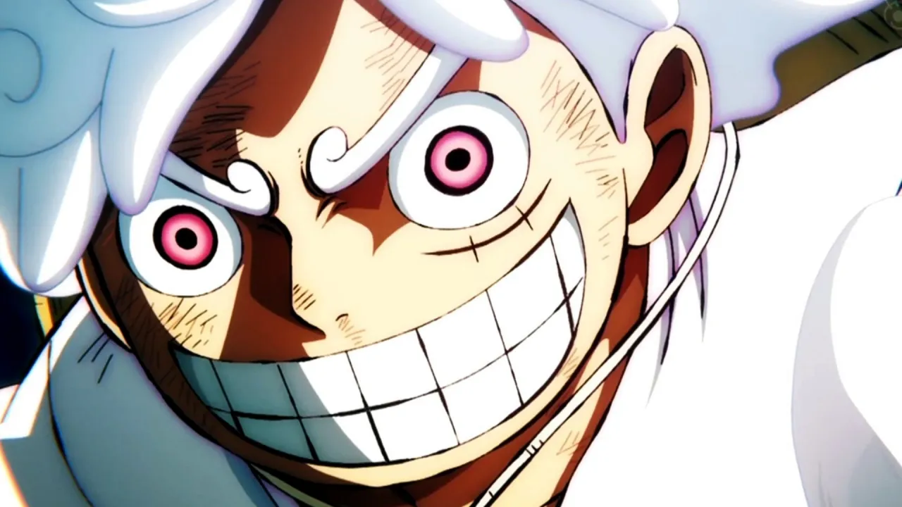 Luffy en One Piece usando su transformación de Gear 5 con expresión desatada