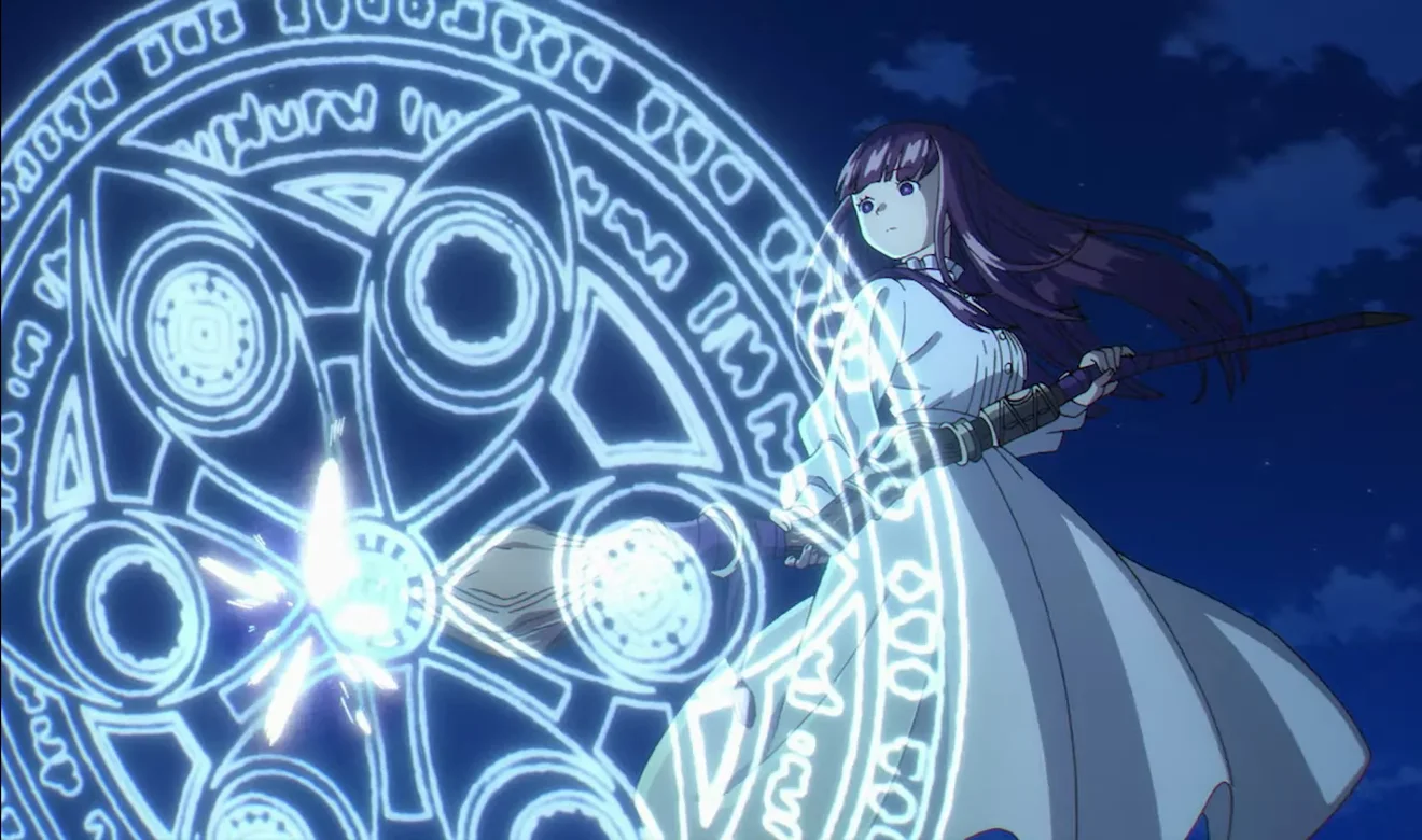 Fern activando un círculo mágico de defensa en Frieren con magia asesina de demonios