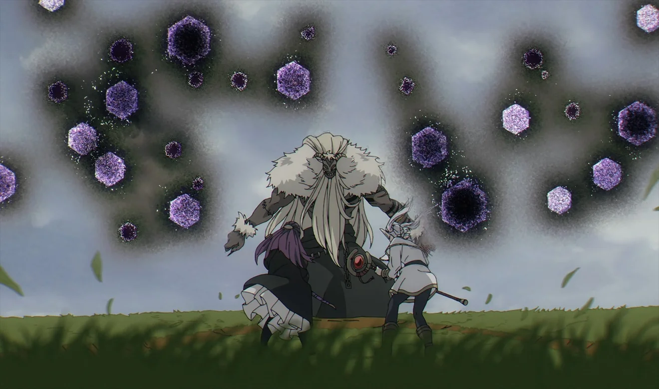 Demonio usando magia demoníaca frente a dos humanos en el anime Frieren