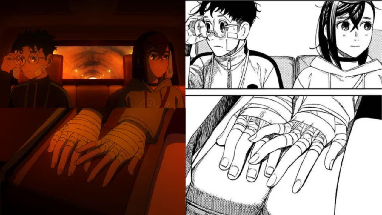 Comparativa Dandadan anime vs manga, manos vendadas de Momo y Okarun acercándose en el coche en ambas versiones