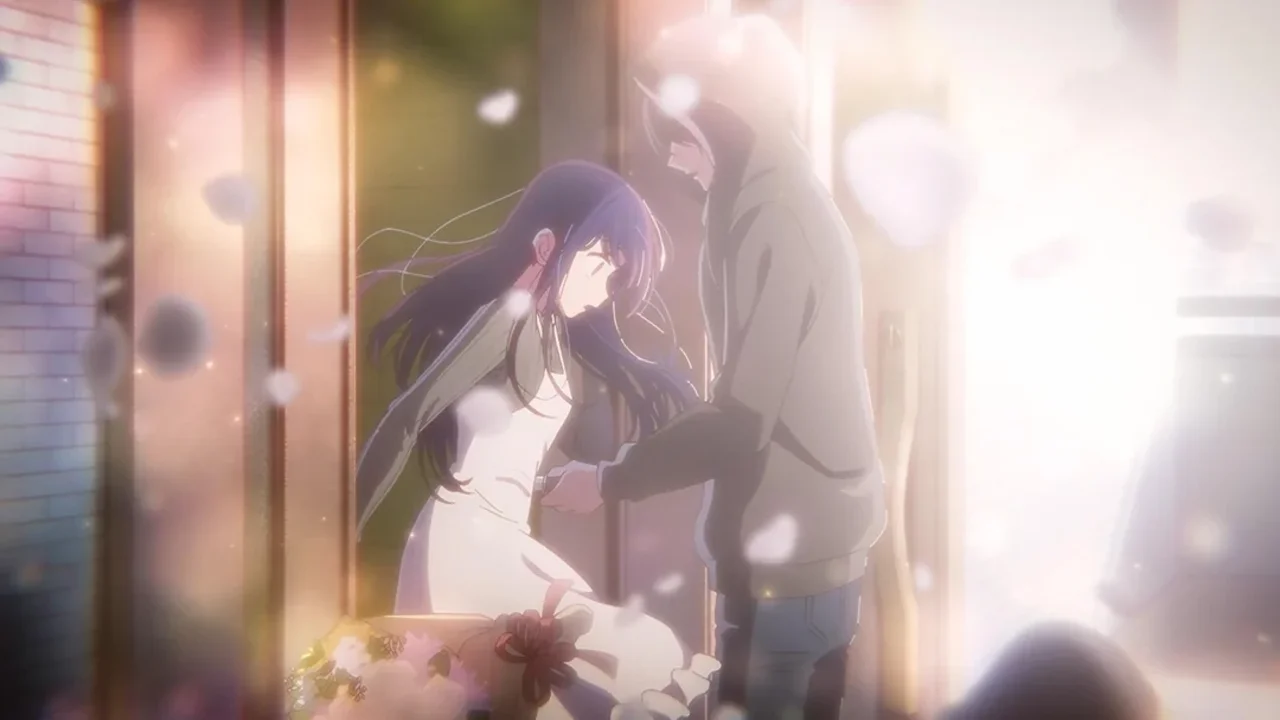 Escena de la muerte de Ai Hoshino en el episodio 1 de Oshi no Ko, con pétalos blancos cayendo