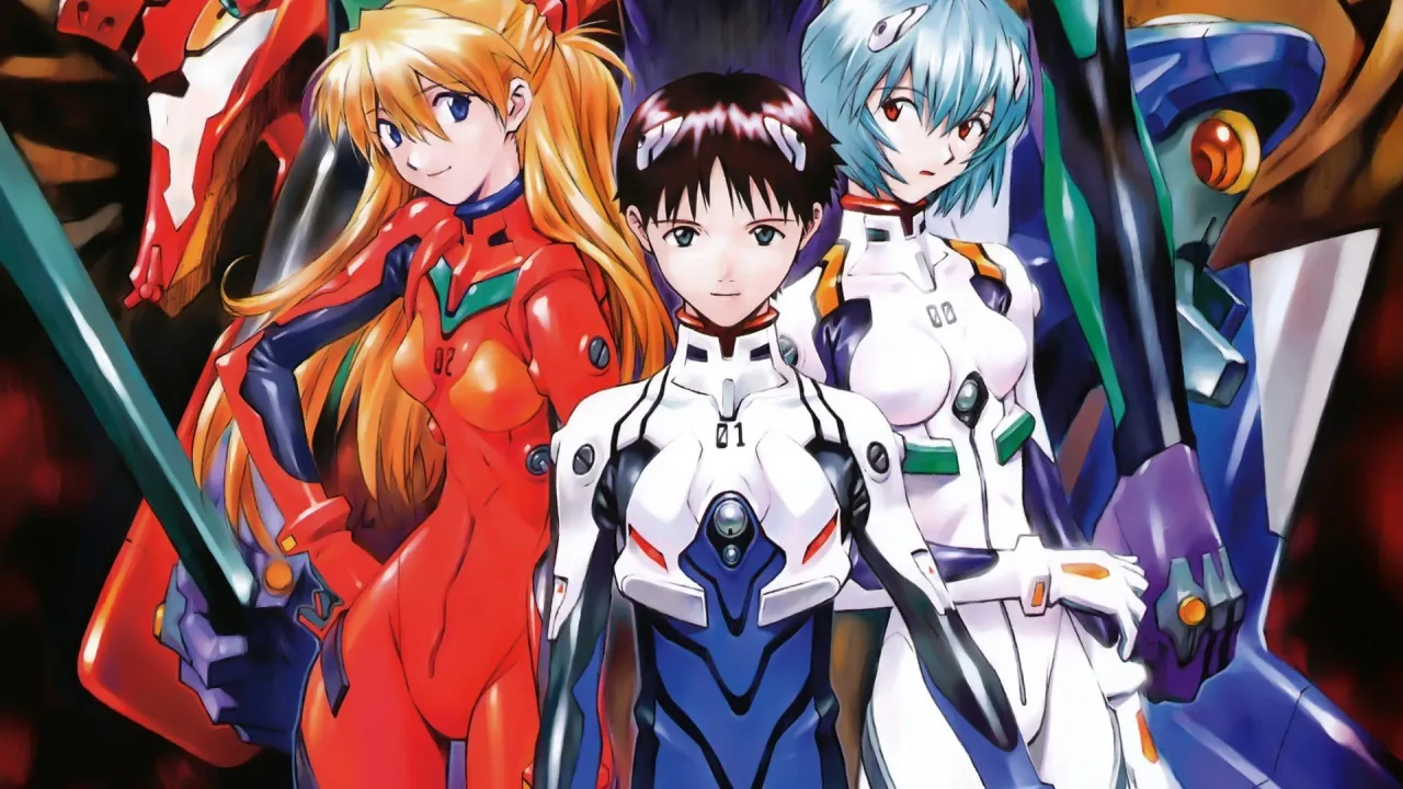 Protagonistas de Neon Genesis Evangelion con sus trajes de piloto en el anime clásico de los 90