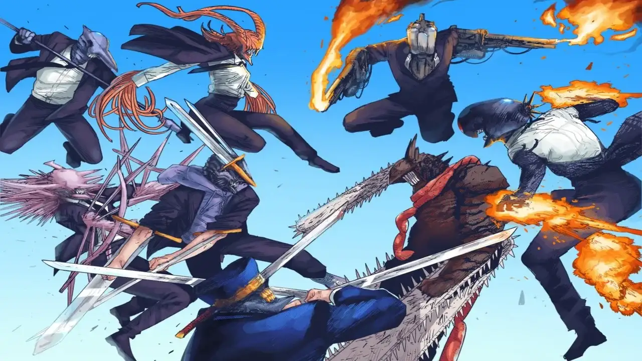 Pochita como Chainsaw Man original enfrentándose a los híbridos en Chainsaw Man