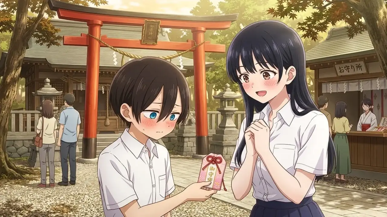 Escena de anime en un santuario japonés donde Ichikawa entrega un omamori a Yamada