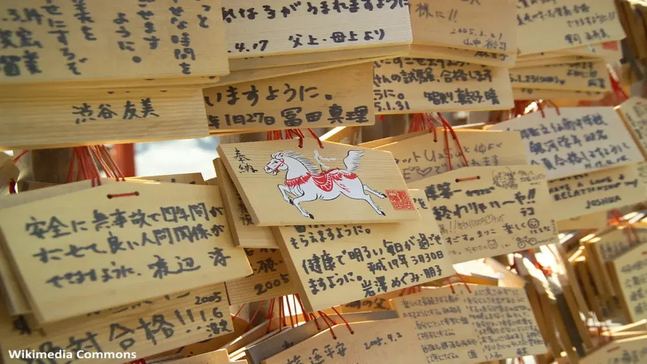 Tablillas ema de madera colgadas en un santuario japonés, llenas de deseos escritos por los visitantes