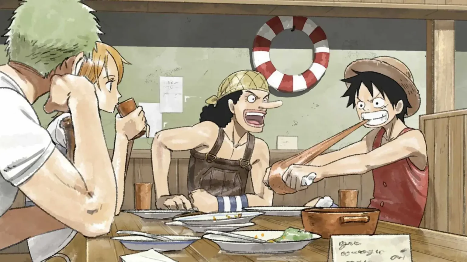 Los Sombrero de Paja en el remake The One Piece recreando una escena clásica en el barco