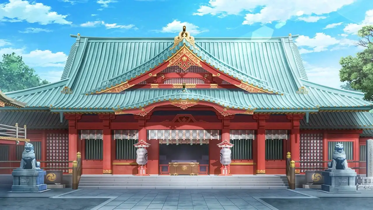 Ilustración del santuario Kanda Myojin en Tokio, famoso por su relación con el anime y los amuletos omamori tecnológicos