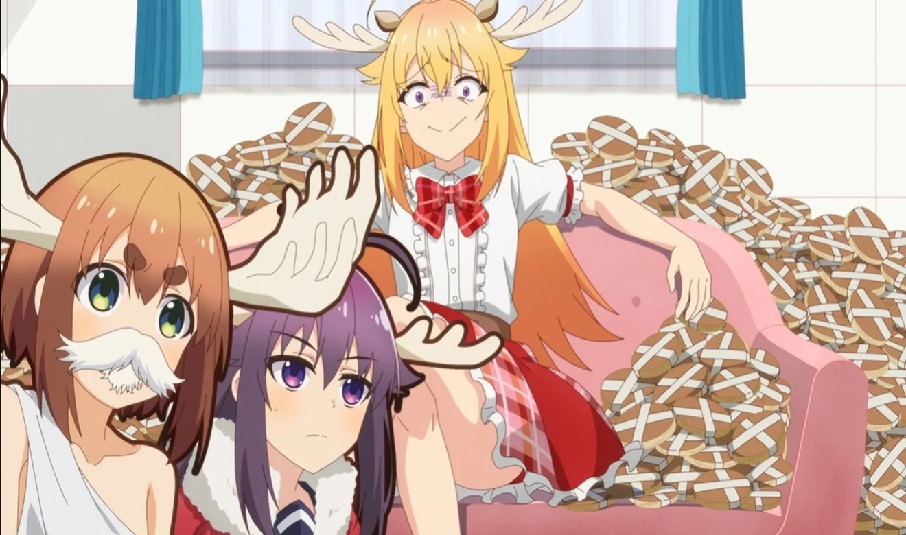 Grupo de chicas con cuernos de ciervo rodeadas de cintas en una escena absurda de Shikanoko Nokonoko Koshitantan