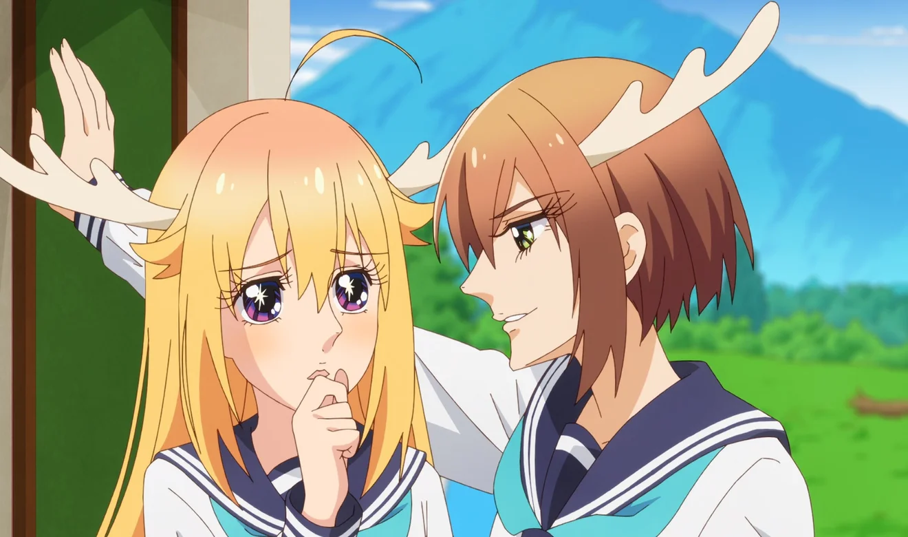 Chica de cabello rubio con cuernos de ciervo y otra chica con cuernos hablando en el anime surrealista Shikanoko Nokonoko Koshitantan