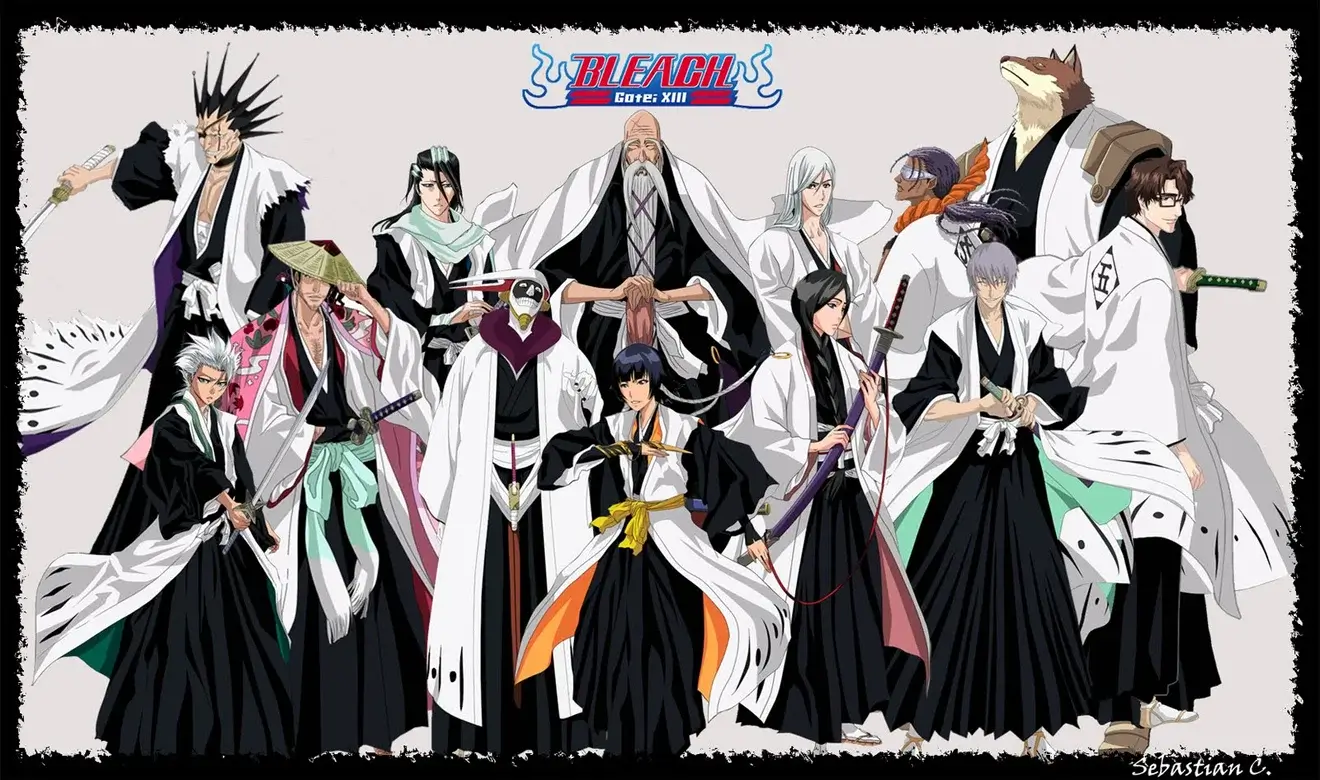 Capitanes Shinigami del Gotei 13 en Bleach posando juntos con sus haori blancos