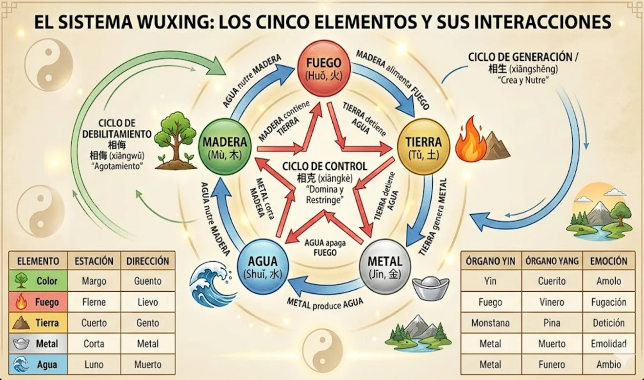 Esquema del sistema Wuxing en Jigokuraku con los cinco elementos y sus interacciones: agua, madera, fuego, tierra y metal