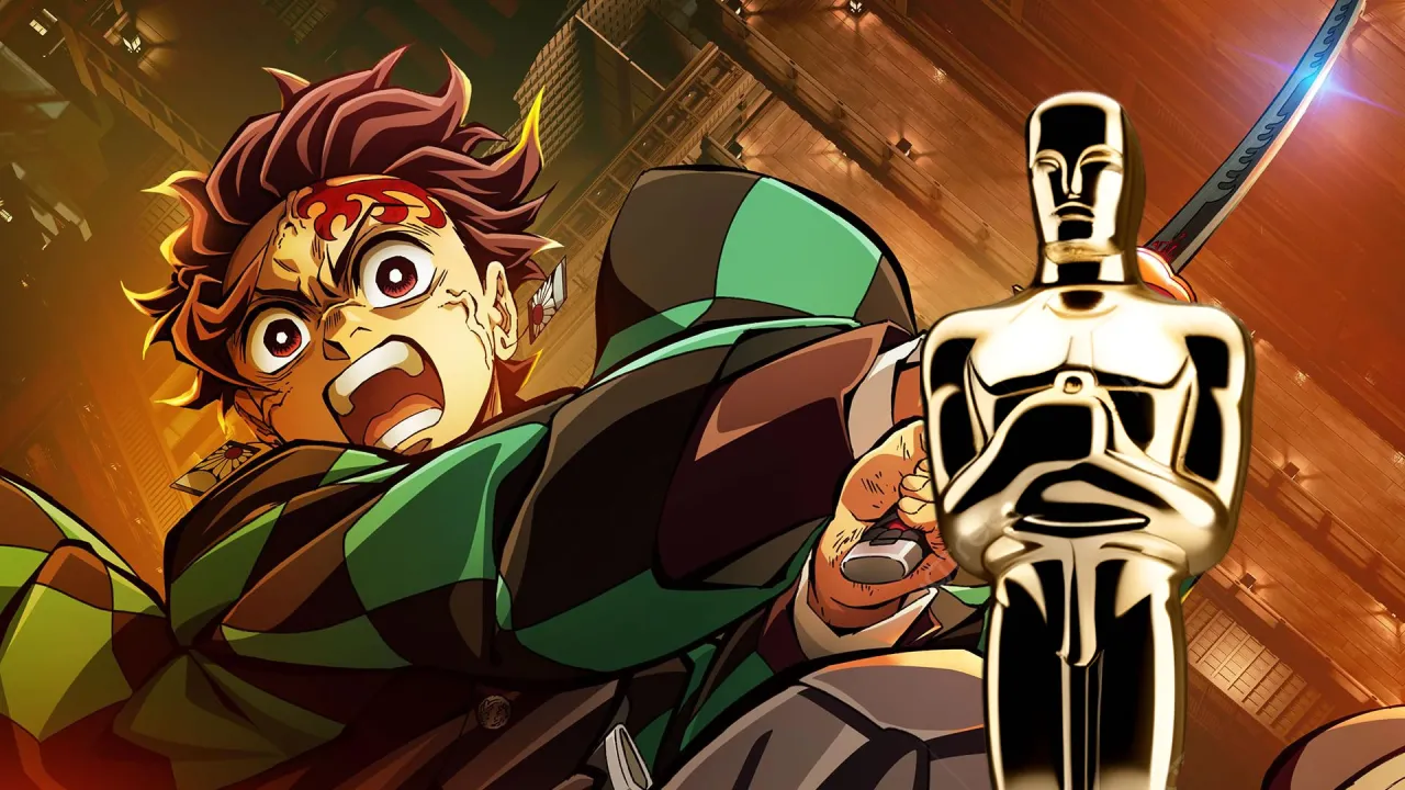 Tanjiro Kamado cayendo dentro del Castillo Infinito en Demon Slayer, rodeado de luces y estructuras cambiantes
