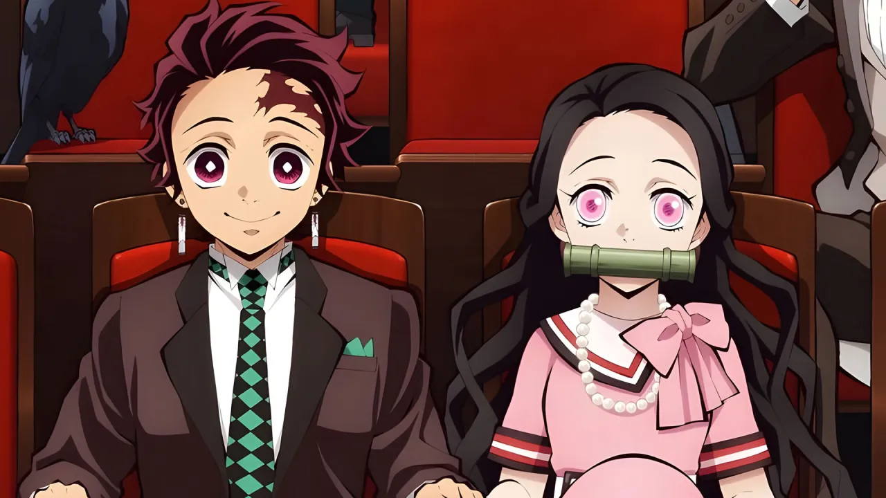 Tanjiro y Nezuko Kamado vestidos de gala sentados en un teatro, homenaje al éxito cinematográfico de Demon Slayer
