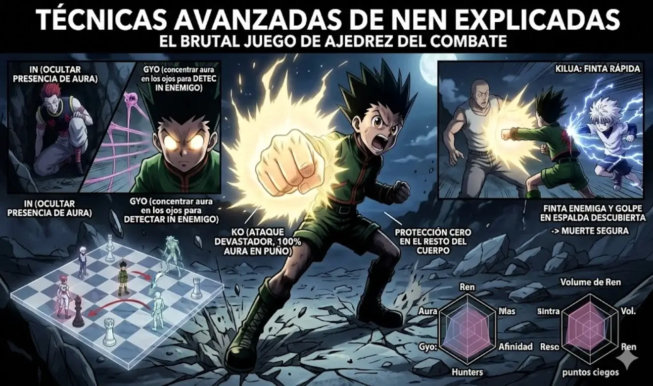 Infografía de Hunter x Hunter con Gon usando Nen y mostrando técnicas avanzadas como In, Gyo y Ko, explicadas como un juego de ajedrez táctico en combate.