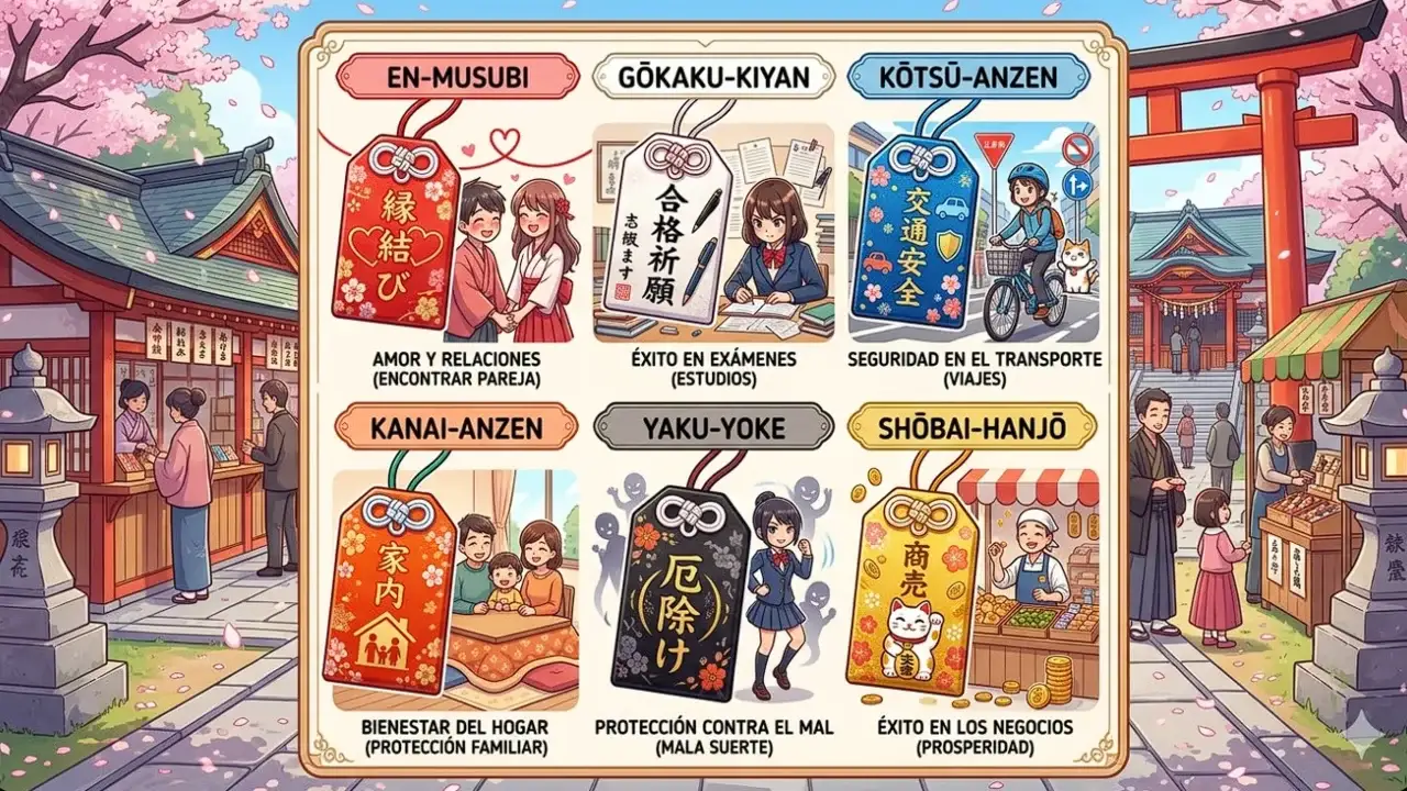 Infografía anime con distintos tipos de omamori y su significado: amor, estudios, seguridad en viajes, protección familiar, protección contra el mal y prosperidad
