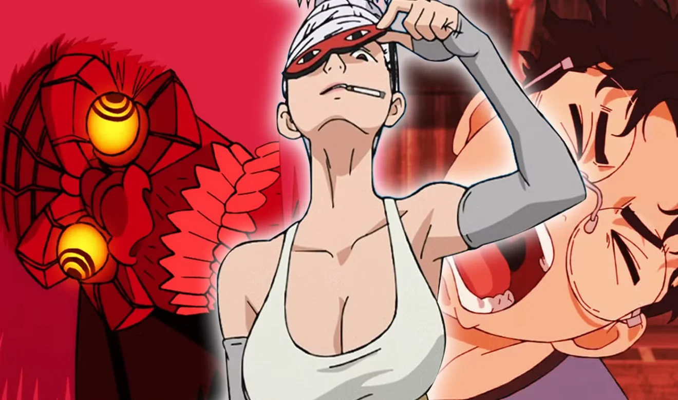 Turbo Abuela, Seiko y Okarun en el anime de Dandadan durante la persecución, con la expresión cómica del protagonista ante el poder del yokai