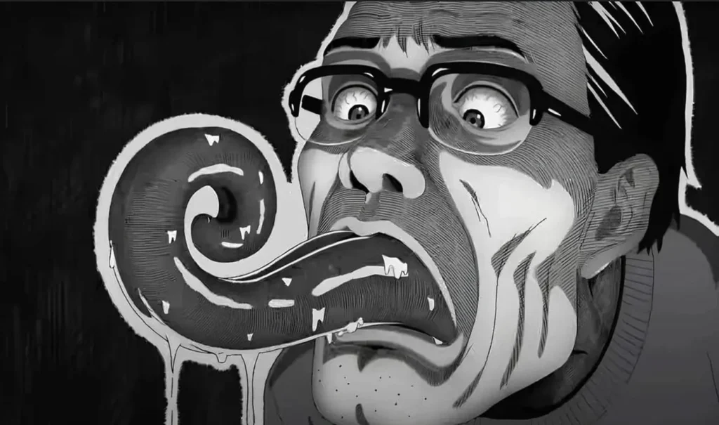 Escena del anime Uzumaki con un personaje deformado por una espiral