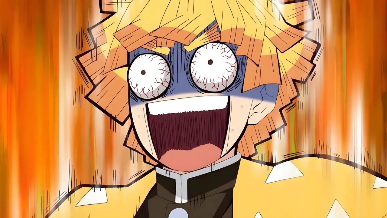 Zenitsu Agatsuma gritando con expresión exagerada y cómica en Demon Slayer, rodeado de fondo naranja intenso
