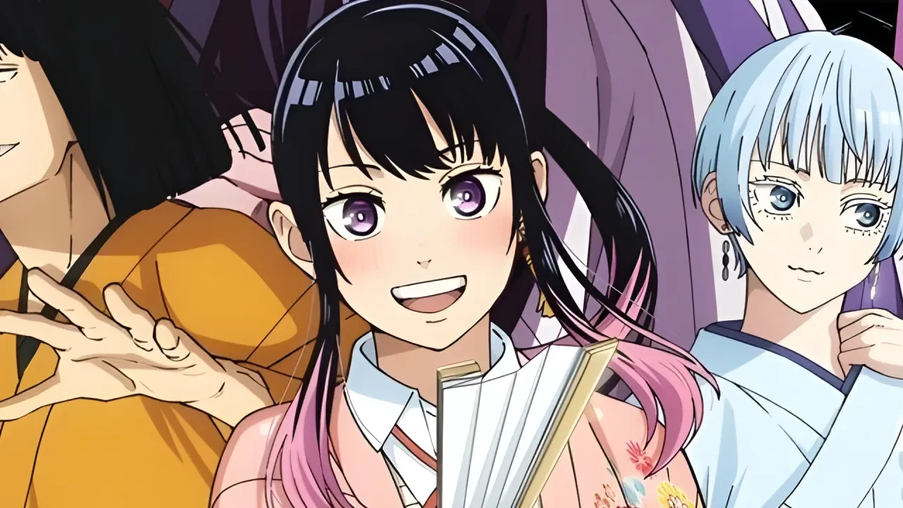 Protagonista de Akane-banashi en kimono con abanico durante una actuación de rakugo