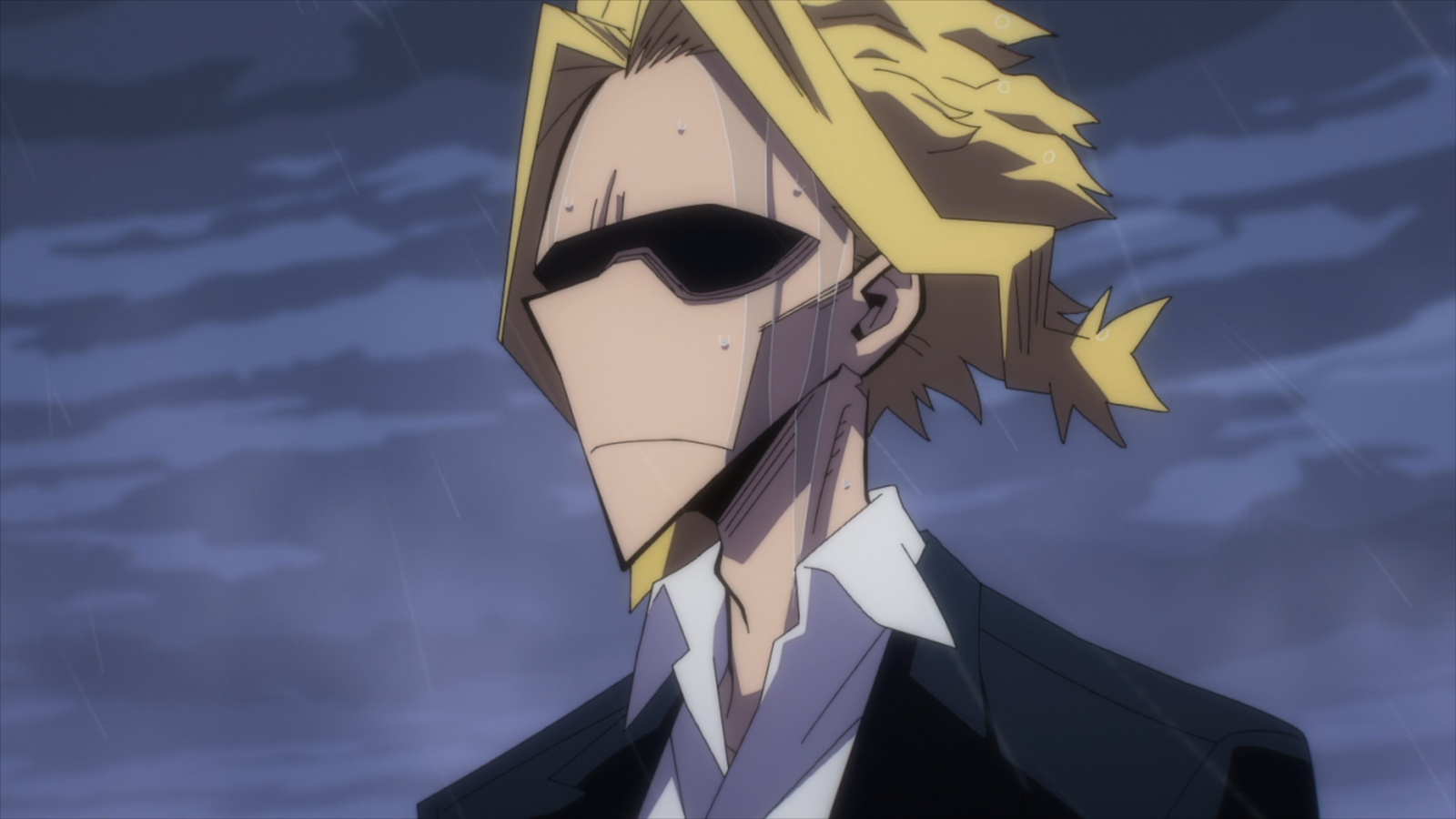 All Might en su forma debilitada bajo la lluvia, mostrando su lado vulnerable en My Hero Academia