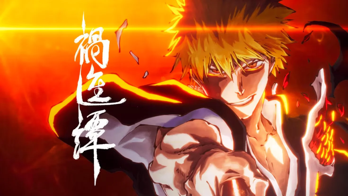 Arte promocional de Bleach con personaje de cabello rubio y expresión intensa, rodeado de llamas y energía naranja-roja