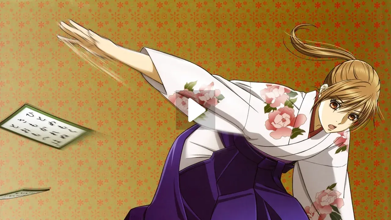Chihaya Ayase lanzándose a golpear una carta en un torneo de karuta competitivo