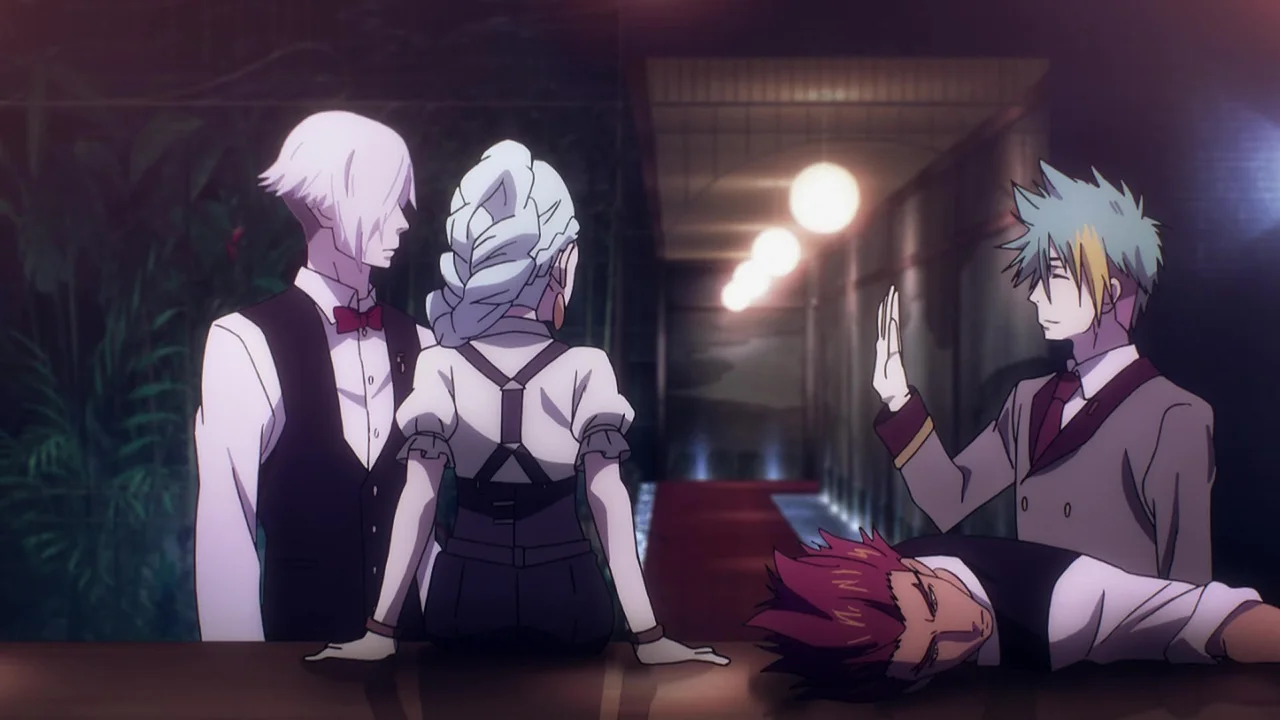 Decim y los árbitros del bar Quindecim en el anime Death Parade de Madhouse
