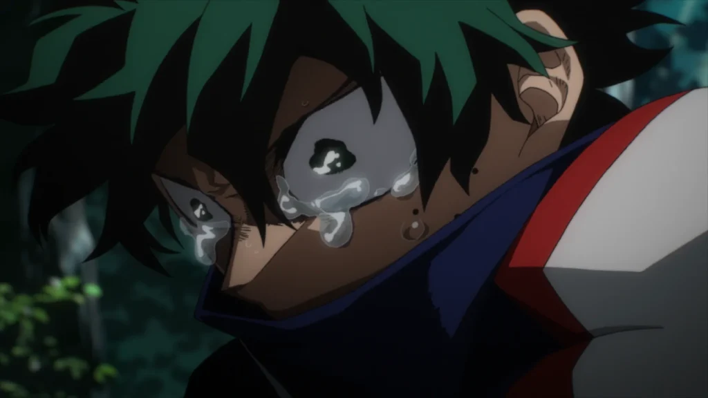 Deku llorando en My Hero Academia, representando su síndrome del impostor y baja autoestima