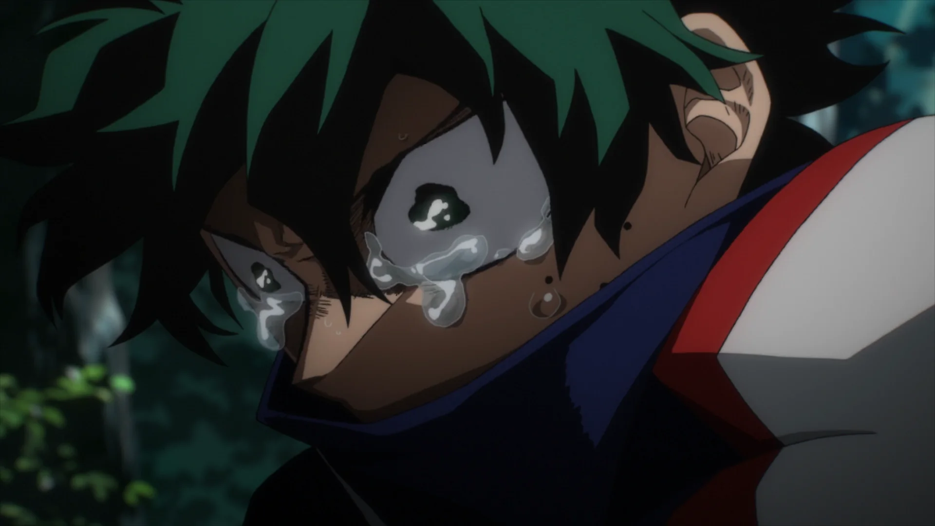 Deku llorando en My Hero Academia, representando su síndrome del impostor y baja autoestima
