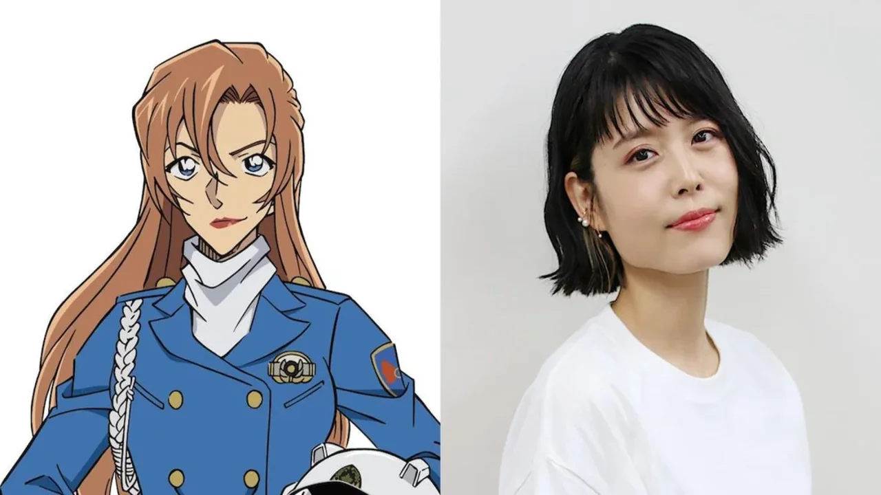 Imagen comparativa: a la izquierda, personaje femenino de Detective Conan con cabello castaño largo, uniforme policial azul y casco; a la derecha, fotografía de una actriz de voz japonesa con cabello negro corto y camiseta blanca