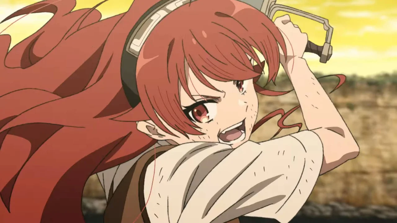 Eris Boreas Greyrat en posición de combate con espada en Mushoku Tensei