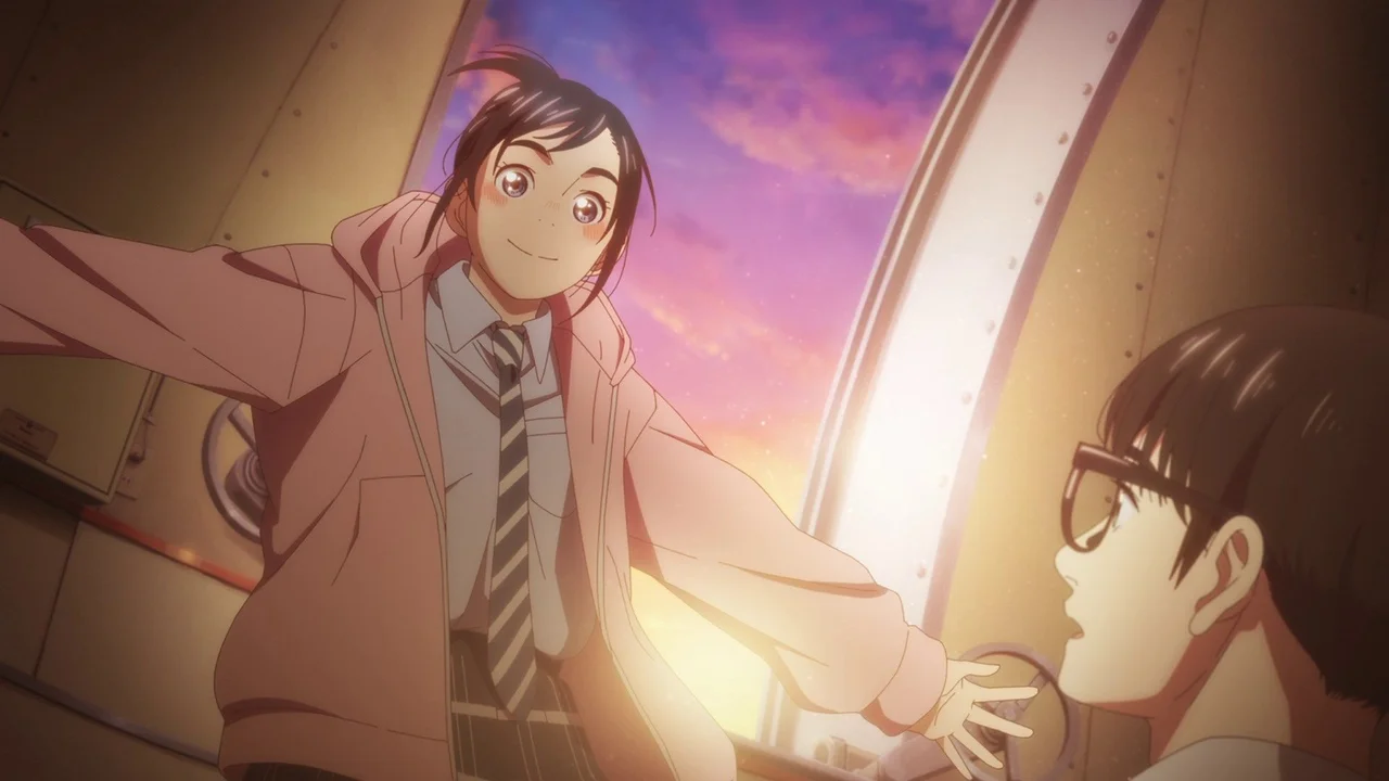 Isaki extendiendo la mano hacia Ganta en el observatorio al atardecer en Insomniacs After School