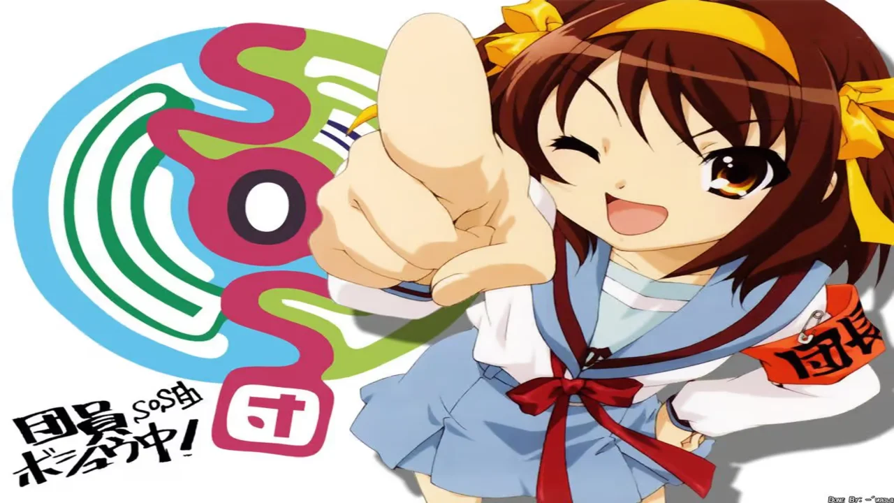Haruhi Suzumiya con el brazalete rojo de presidenta del club SOS, símbolo del poder estudiantil en el anime
