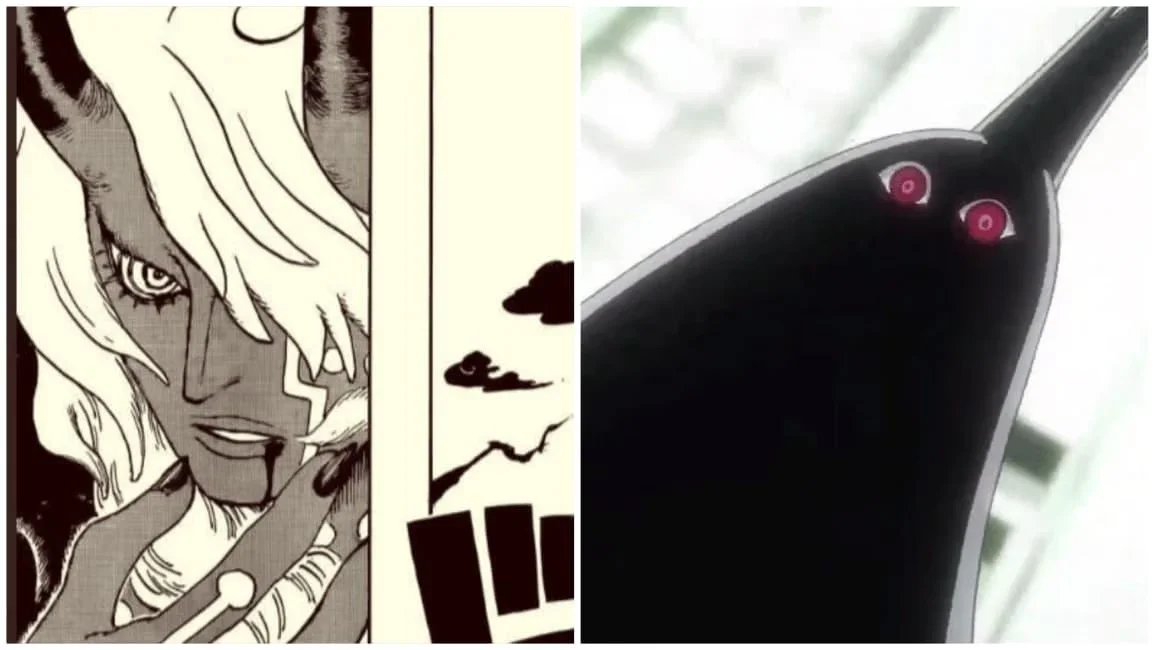 Comparación entre panel de manga en blanco y negro mostrando a Imu de cabello blanco con rasgos amenazantes, y captura de anime con una figura oscura de silueta alargada con dos ojos rojos brillantes en One Piece