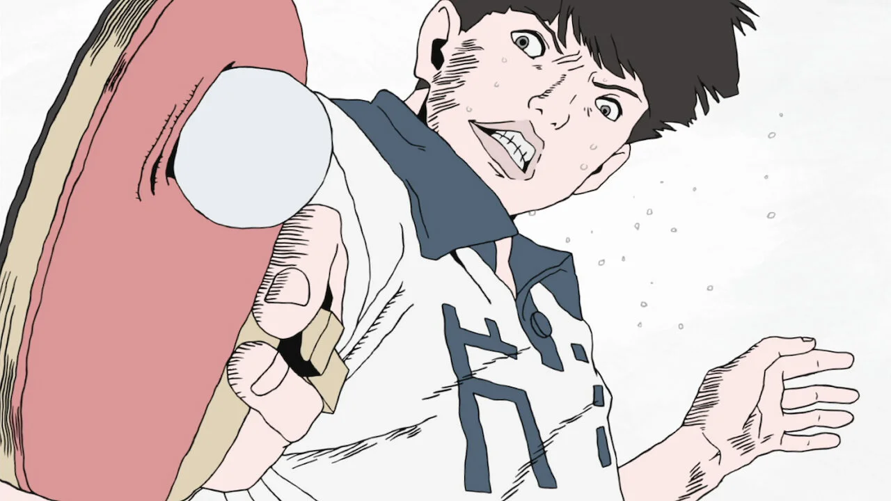 Personaje de Ping Pong The Animation golpeando una pelota con la raqueta