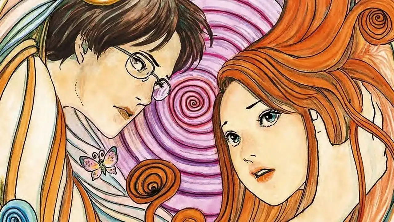 Ilustración a color de Shuichi y Kirie, protagonistas de Uzumaki de Junji Ito, rodeados de espirales en tonos rosas y naranjas